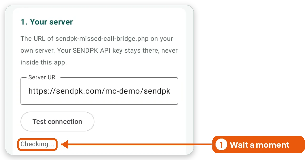 The app shows Checking... under the Test connection button.
