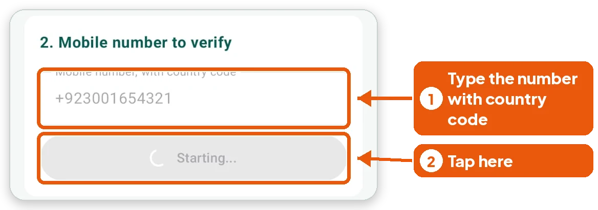 Box 1 marks the mobile number field, box 2 marks the Verify with a missed call button.